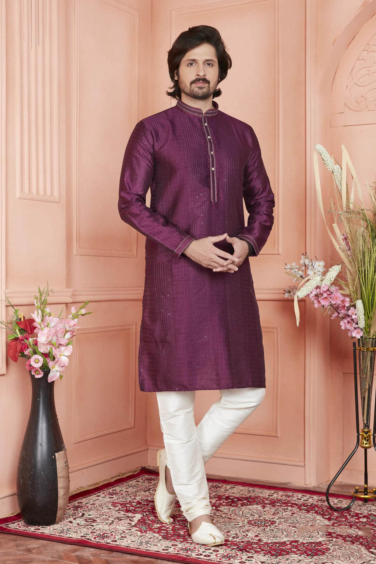 Jacquard Silk Brocade Pintux Work Kurta Pajama In Magenta Colour KP1230535