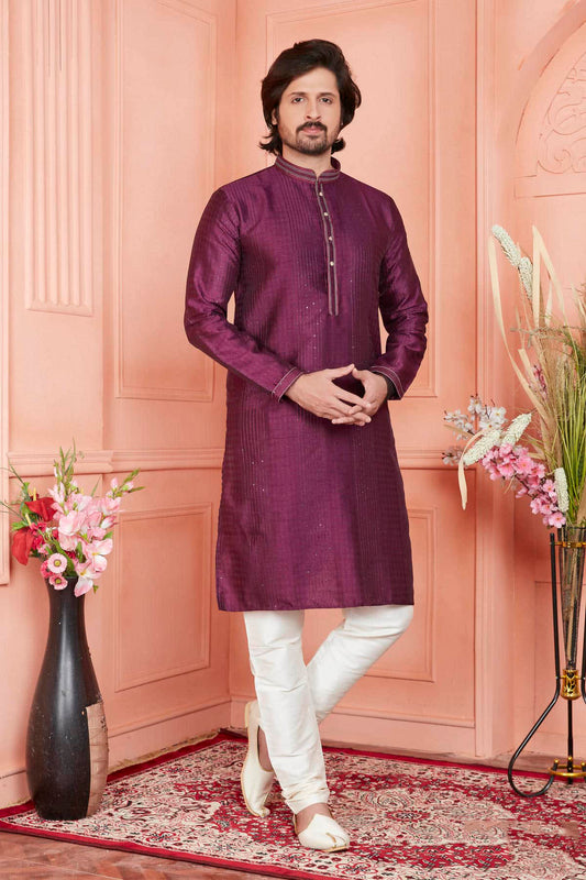 Jacquard Silk Brocade Pintux Work Kurta Pajama In Magenta Colour KP1230535