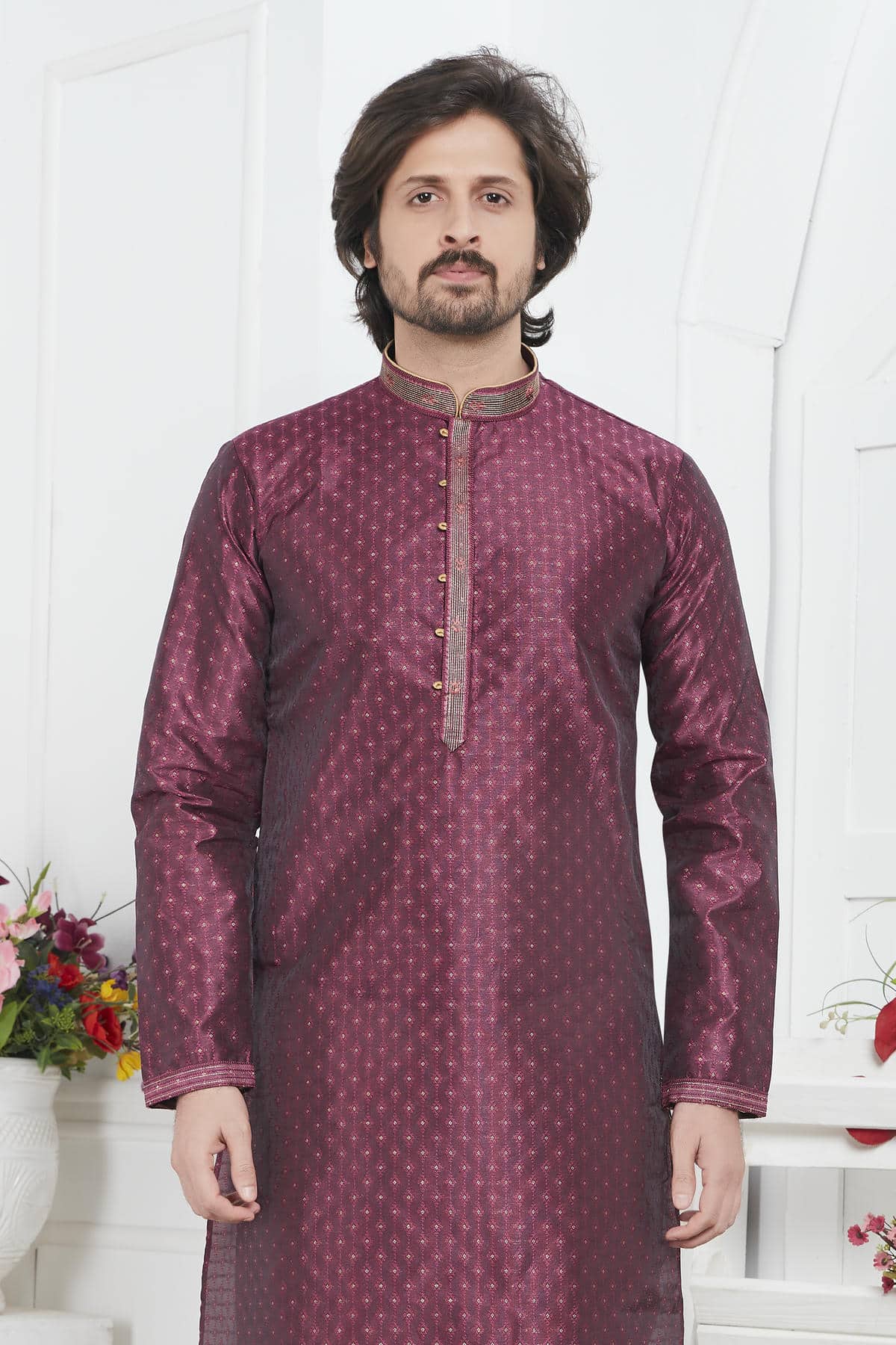 Jacquard Silk Brocade Pintux Work Kurta Pajama In Magenta Colour KP1230550 2