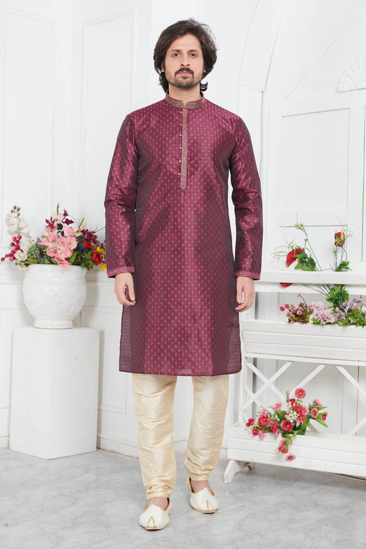 Jacquard Silk Brocade Pintux Work Kurta Pajama In Magenta Colour KP1230550