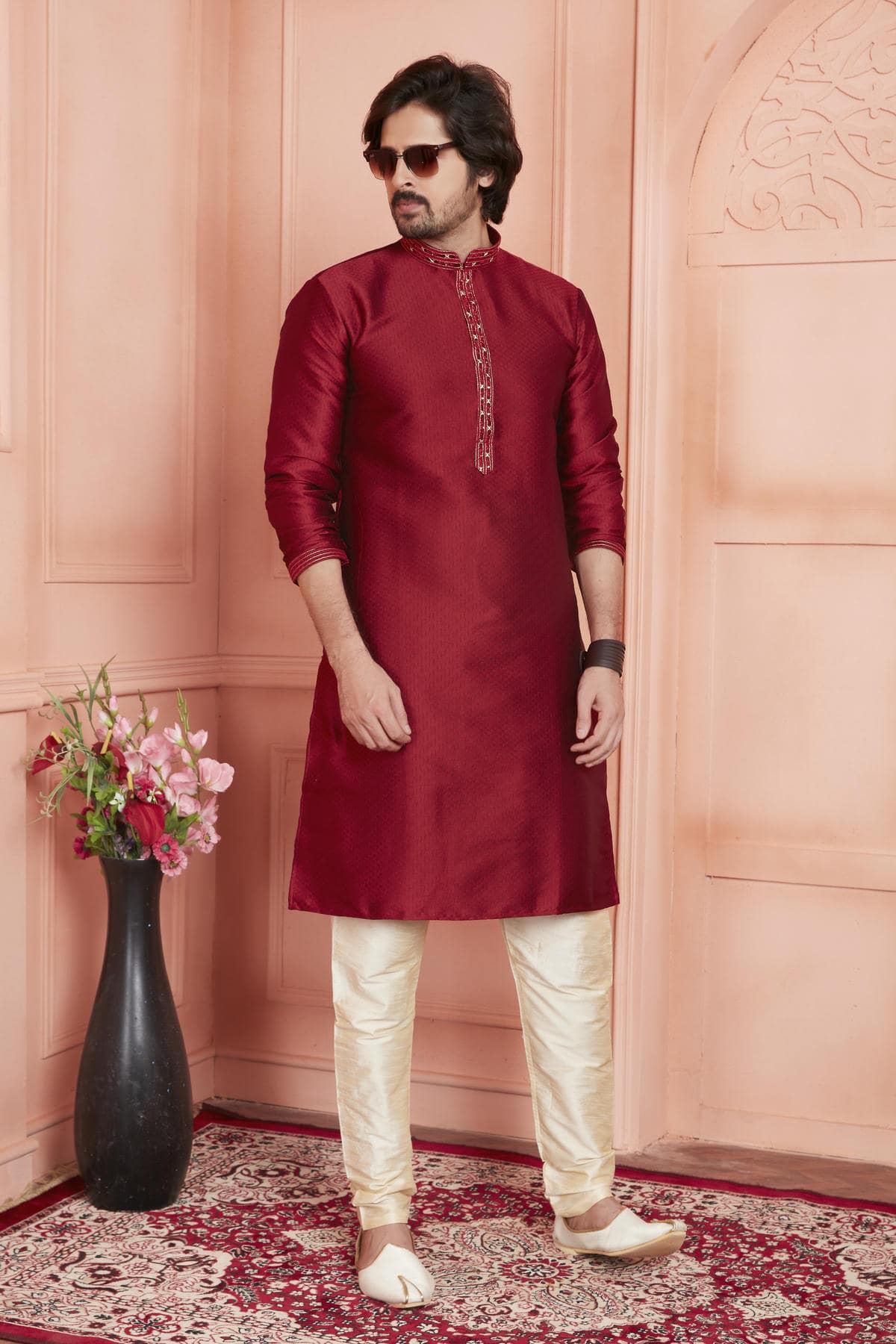 Jacquard Silk Brocade Pintux Work Kurta Pajama In Maroon Colour KP1230540 1