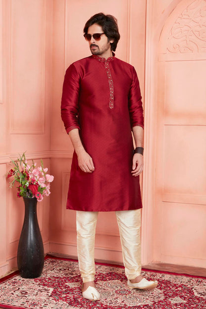 Jacquard Silk Brocade Pintux Work Kurta Pajama In Maroon Colour KP1230540 1