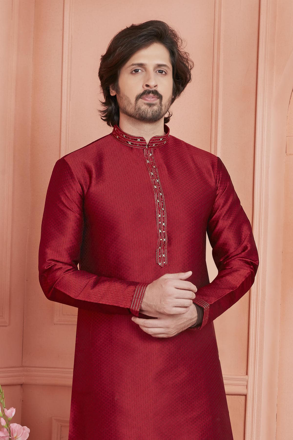 Jacquard Silk Brocade Pintux Work Kurta Pajama In Maroon Colour KP1230540 2