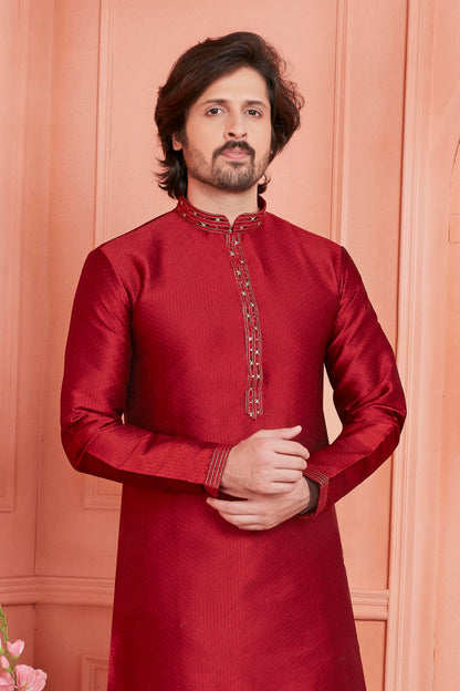 Jacquard Silk Brocade Pintux Work Kurta Pajama In Maroon Colour KP1230540 2