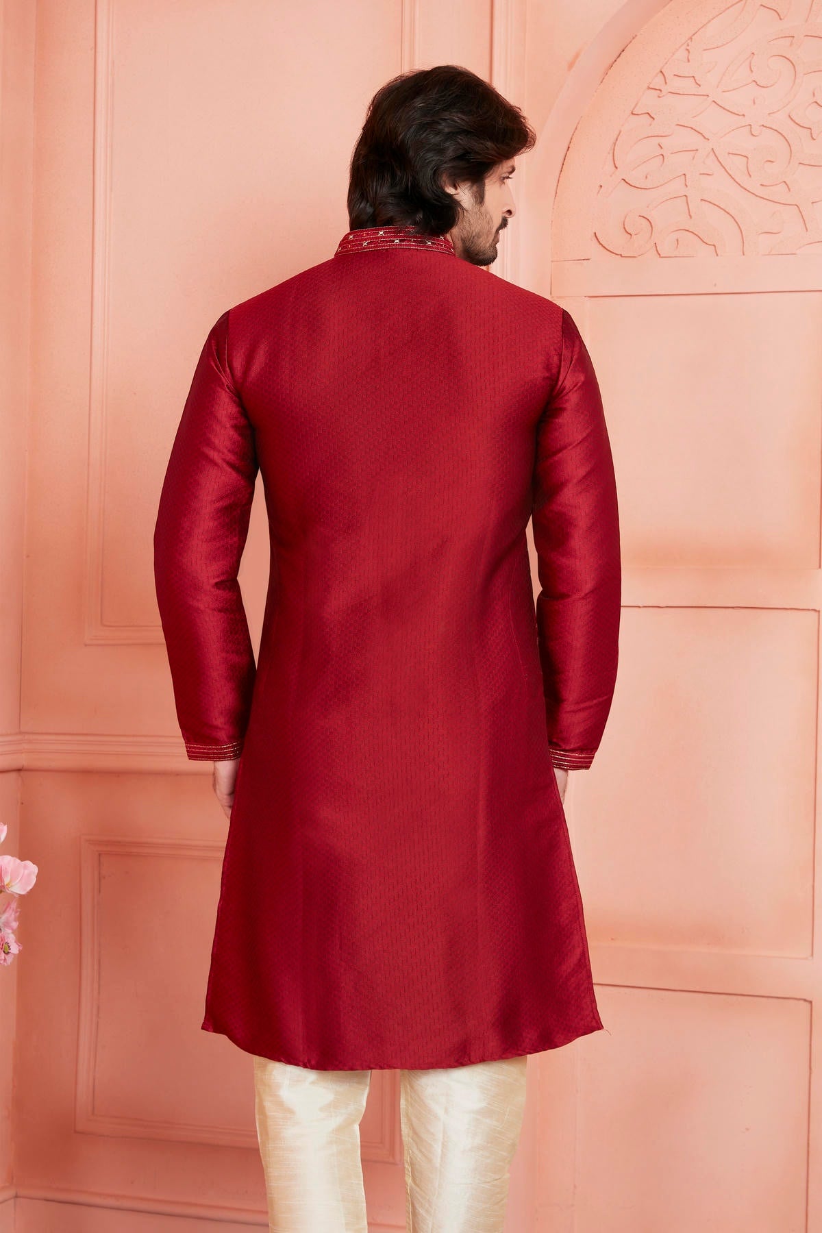 Jacquard Silk Brocade Pintux Work Kurta Pajama In Maroon Colour KP1230540 3