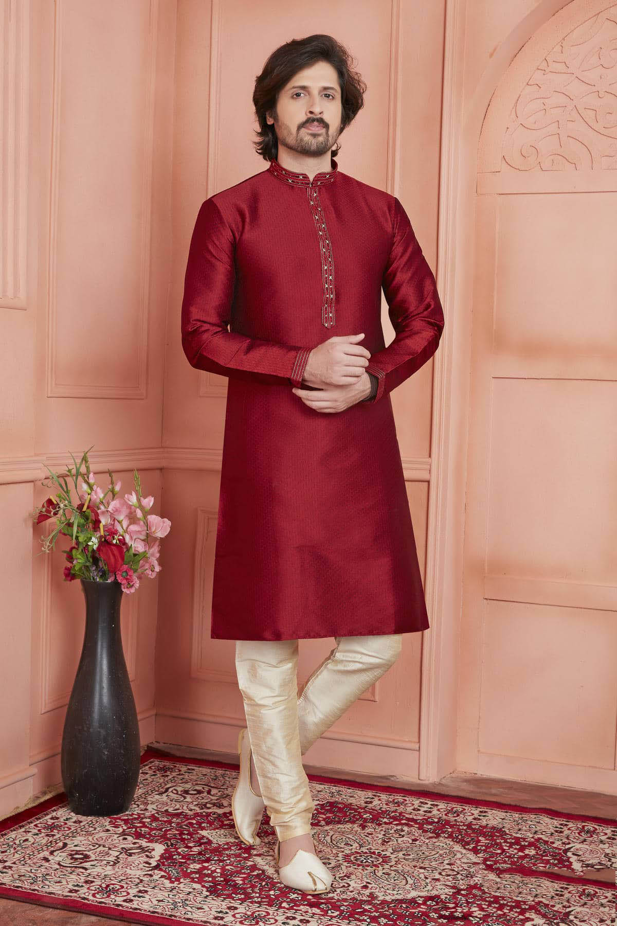 Jacquard Silk Brocade Pintux Work Kurta Pajama In Maroon Colour KP1230540