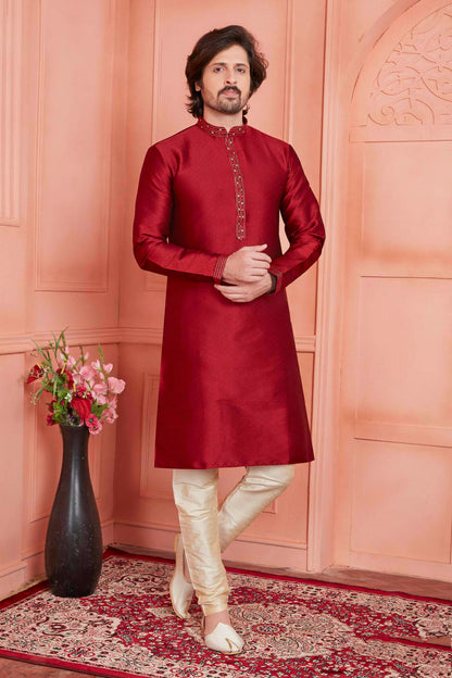 Jacquard Silk Brocade Pintux Work Kurta Pajama In Maroon Colour KP1230540