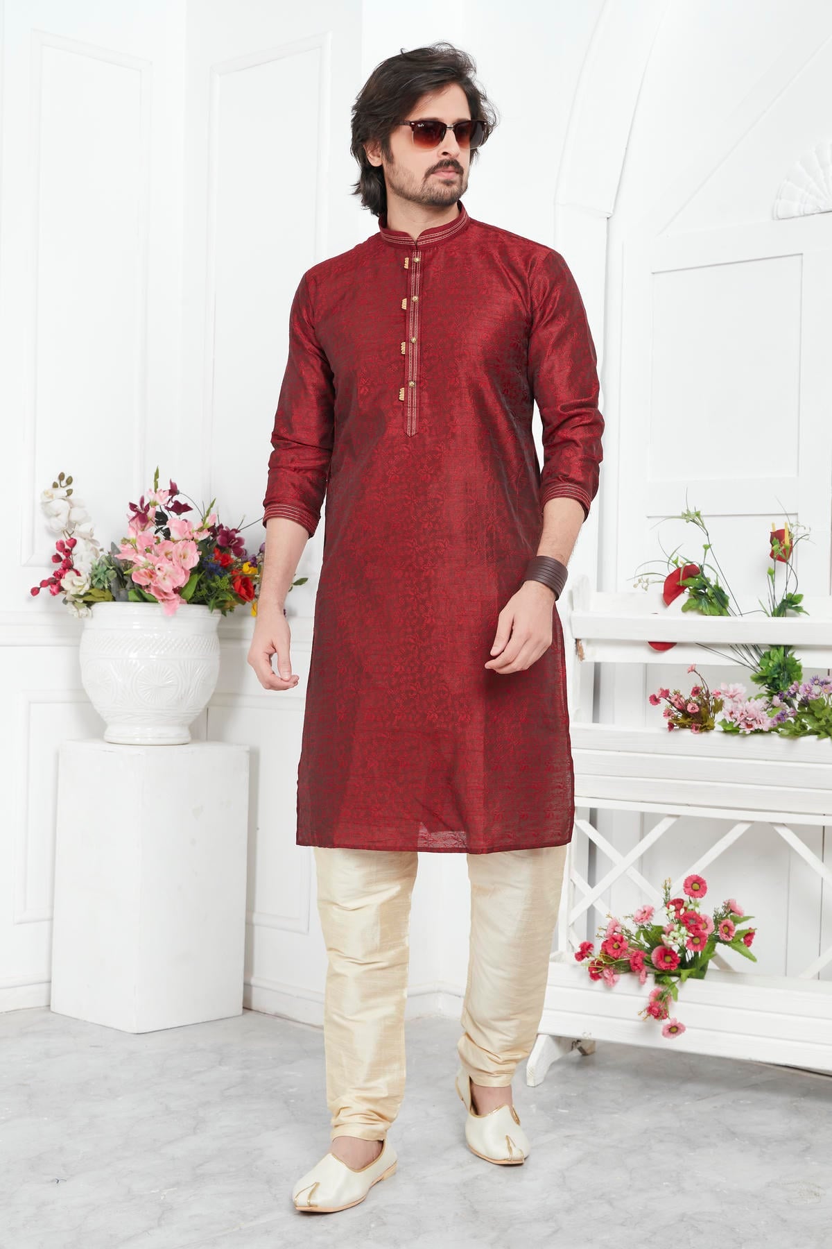 Jacquard Silk Brocade Pintux Work Kurta Pajama In Maroon Colour KP1230546 1