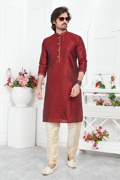 Jacquard Silk Brocade Pintux Work Kurta Pajama In Maroon Colour KP1230546 1
