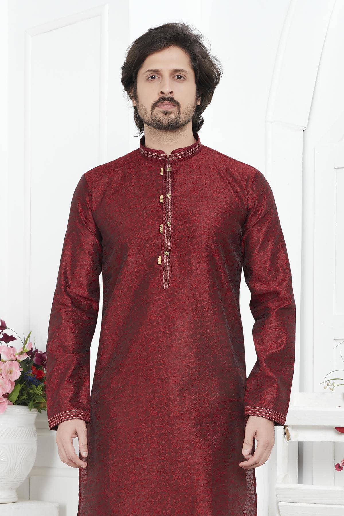 Jacquard Silk Brocade Pintux Work Kurta Pajama In Maroon Colour KP1230546 2