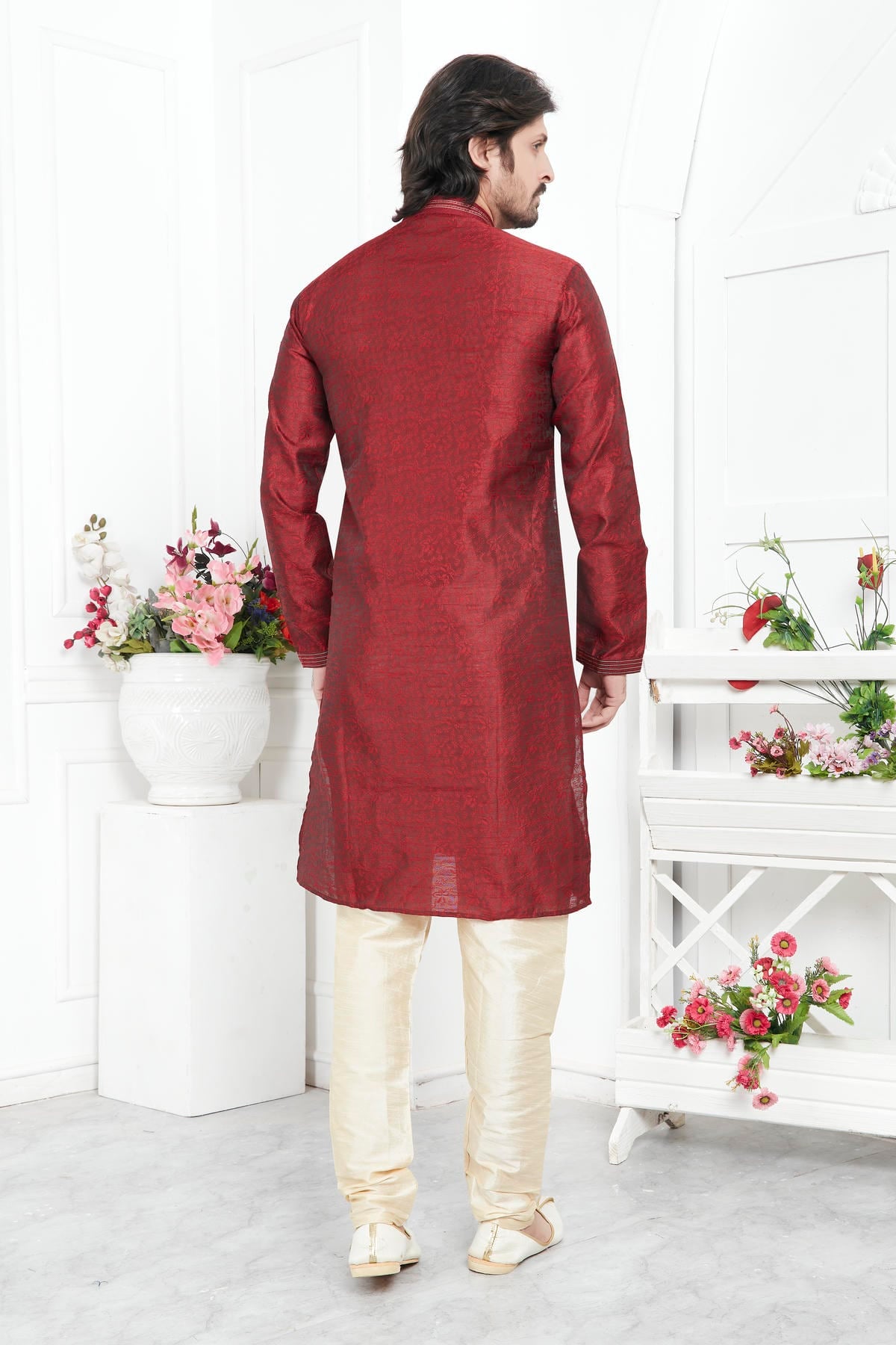 Jacquard Silk Brocade Pintux Work Kurta Pajama In Maroon Colour KP1230546 3