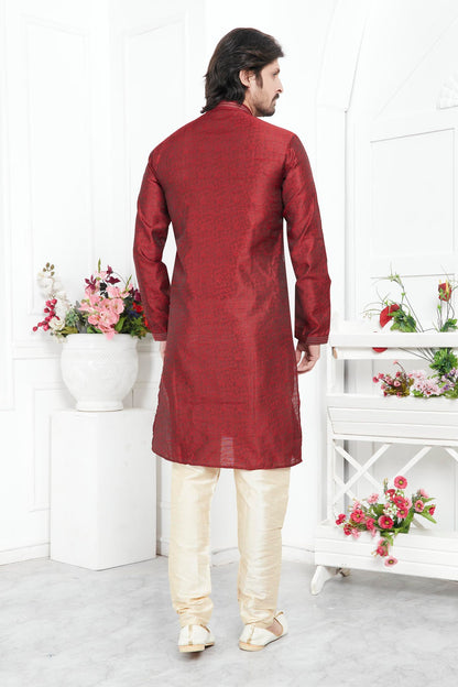 Jacquard Silk Brocade Pintux Work Kurta Pajama In Maroon Colour KP1230546 3