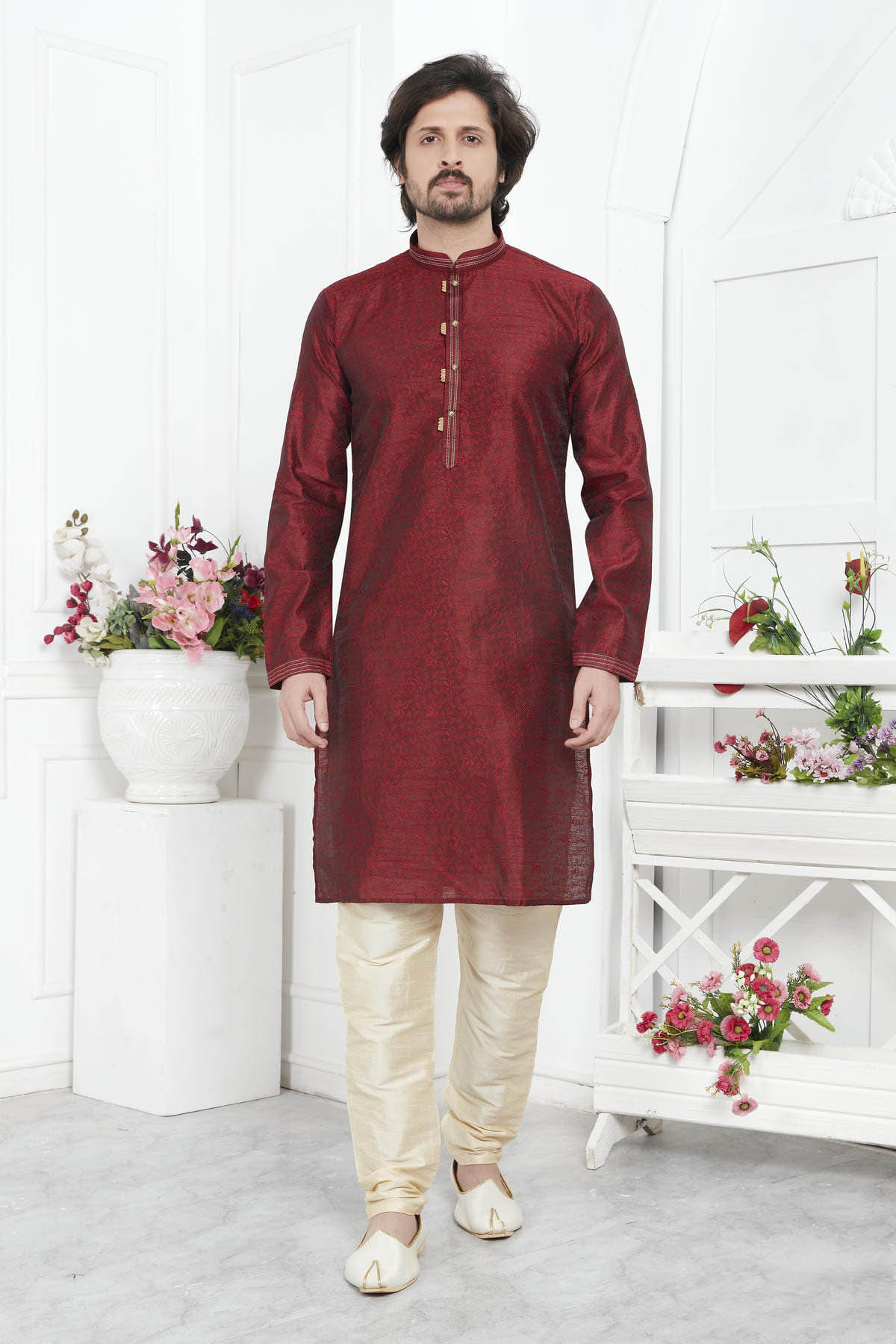 Jacquard Silk Brocade Pintux Work Kurta Pajama In Maroon Colour KP1230546