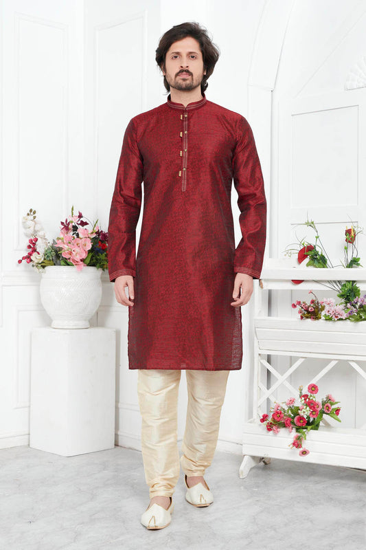 Jacquard Silk Brocade Pintux Work Kurta Pajama In Maroon Colour KP1230546
