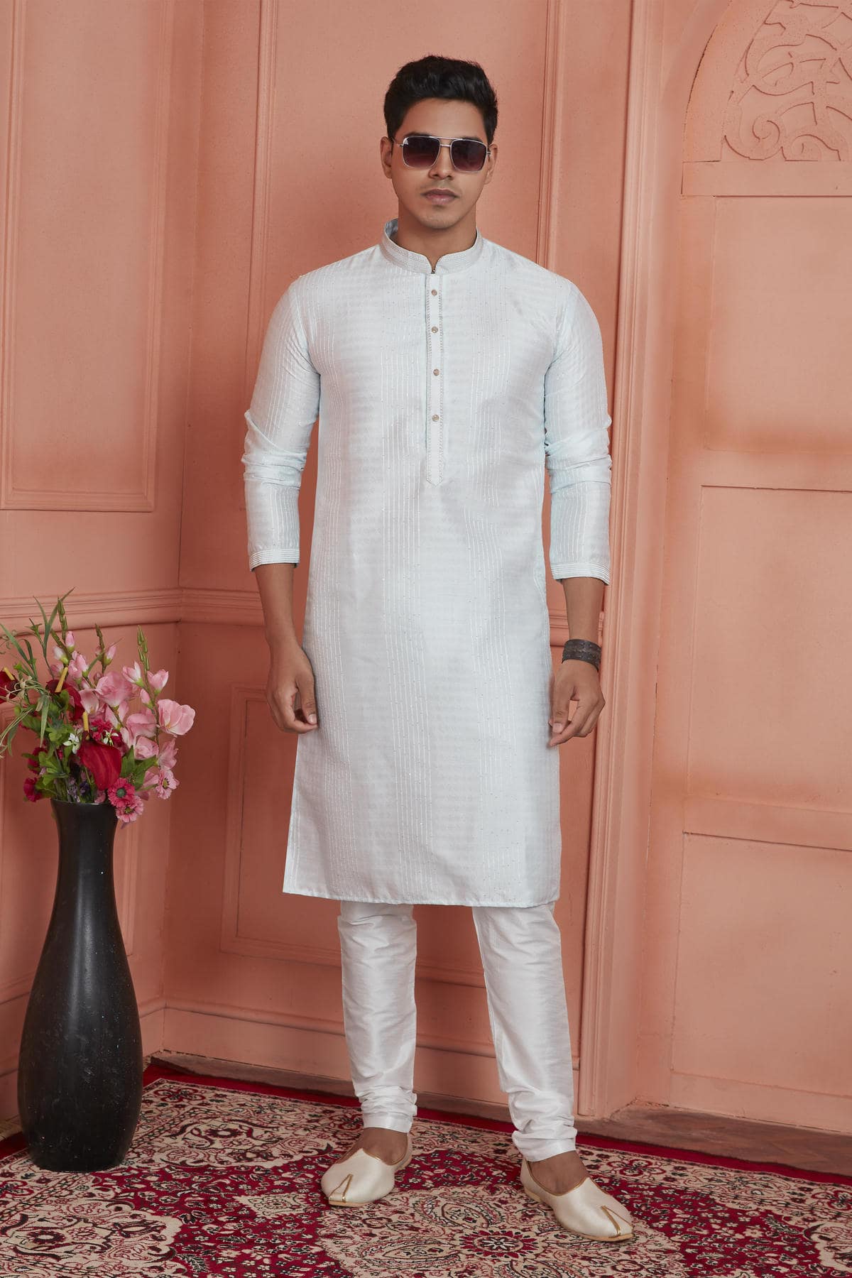 Jacquard Silk Brocade Pintux Work Kurta Pajama In Off White Colour KP1230532 1