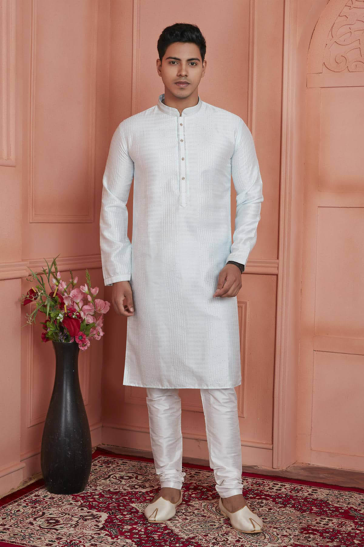 Jacquard Silk Brocade Pintux Work Kurta Pajama In Off White Colour KP1230532