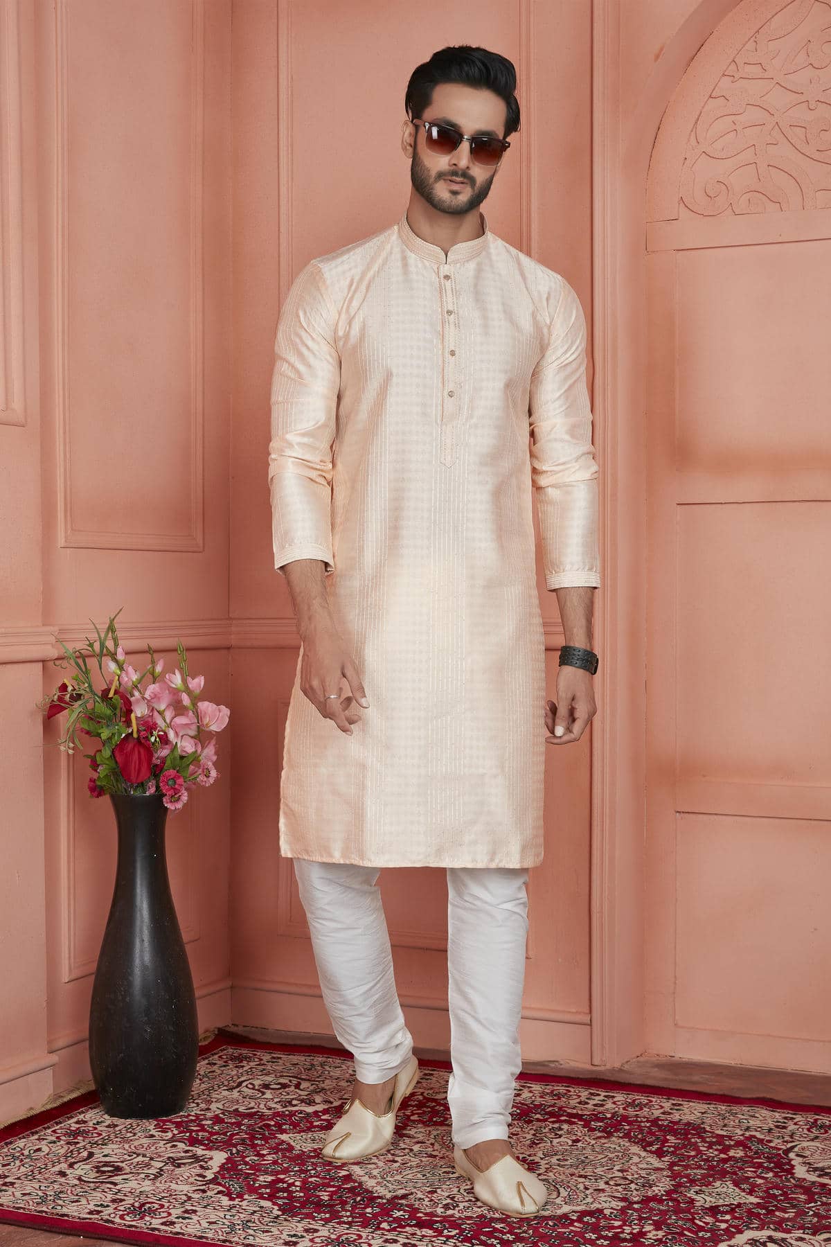 Jacquard Silk Brocade Pintux Work Kurta Pajama In Peach Colour KP1230530 1