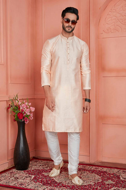 Jacquard Silk Brocade Pintux Work Kurta Pajama In Peach Colour KP1230530 1