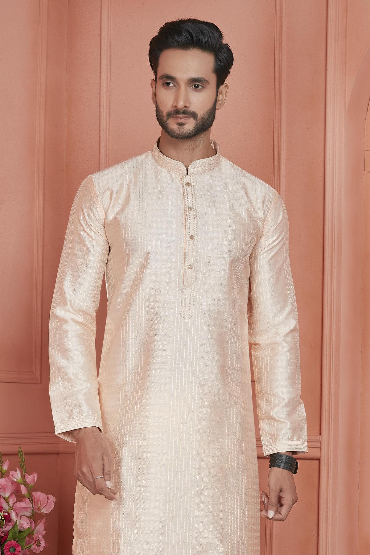 Jacquard Silk Brocade Pintux Work Kurta Pajama In Peach Colour KP1230530 2