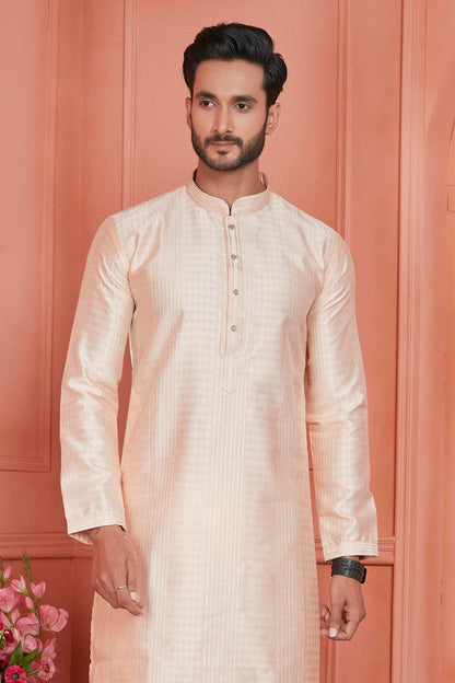 Jacquard Silk Brocade Pintux Work Kurta Pajama In Peach Colour KP1230530 2