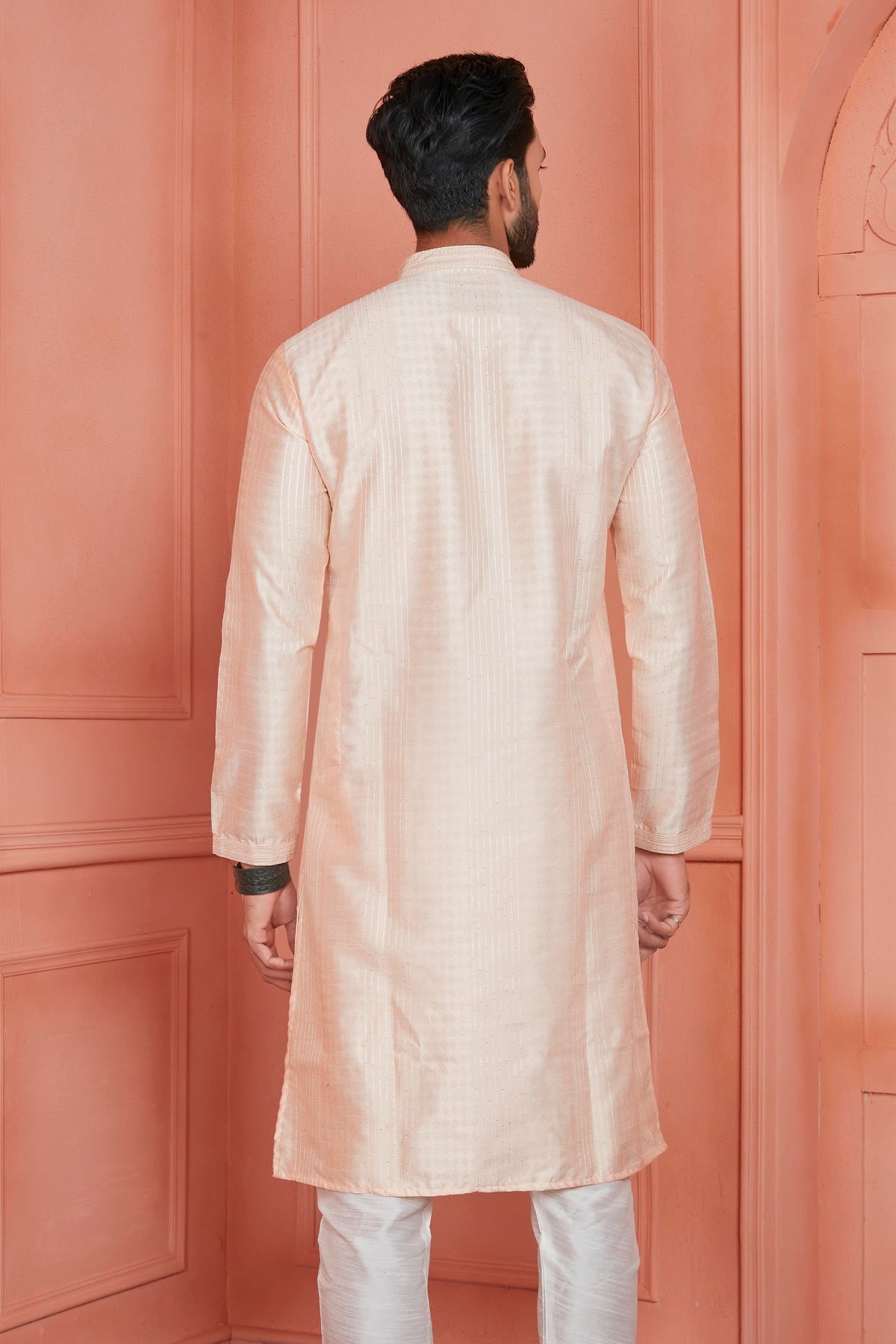 Jacquard Silk Brocade Pintux Work Kurta Pajama In Peach Colour KP1230530 3