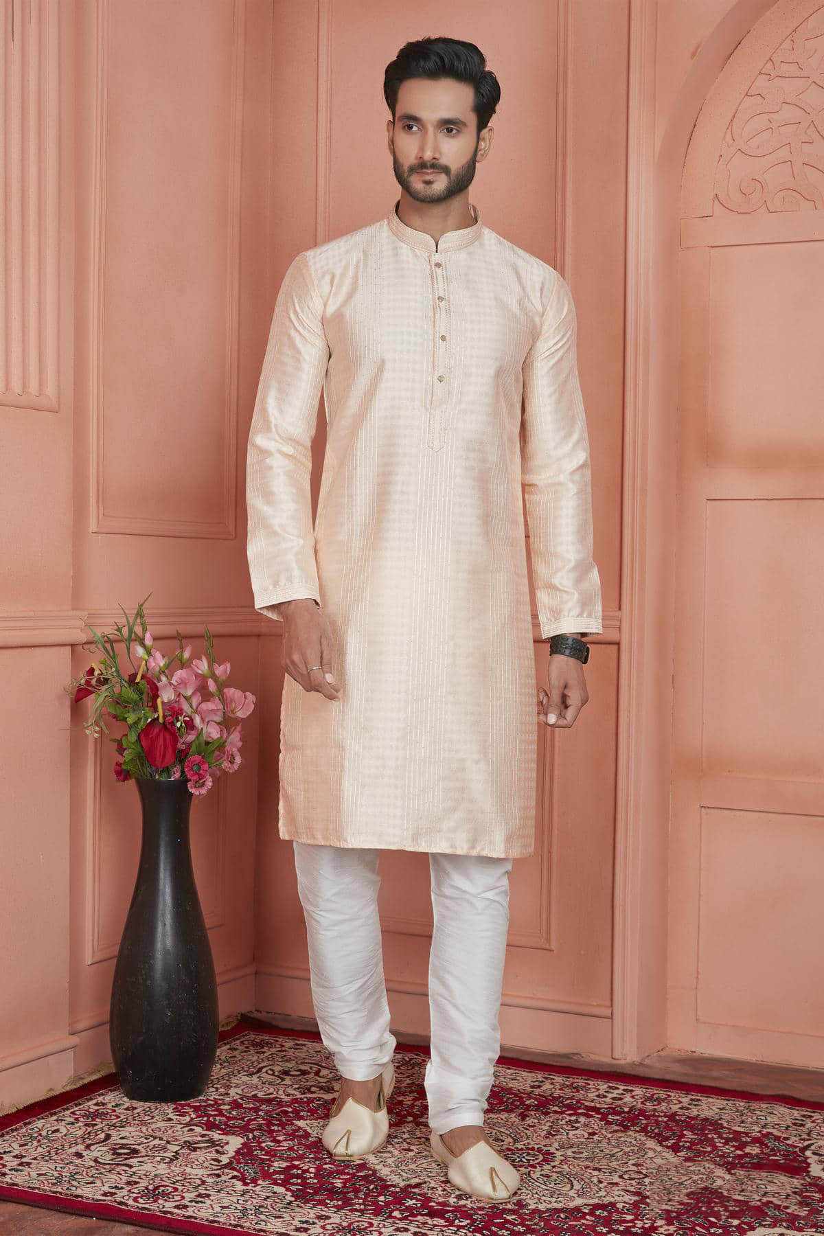 Jacquard Silk Brocade Pintux Work Kurta Pajama In Peach Colour KP1230530