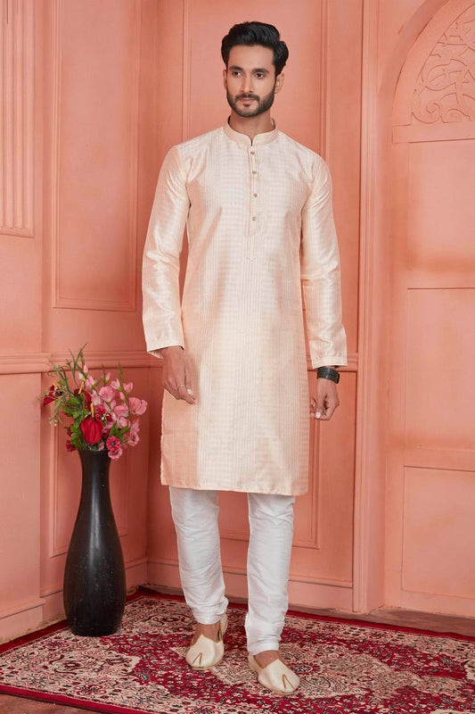 Jacquard Silk Brocade Pintux Work Kurta Pajama In Peach Colour KP1230530