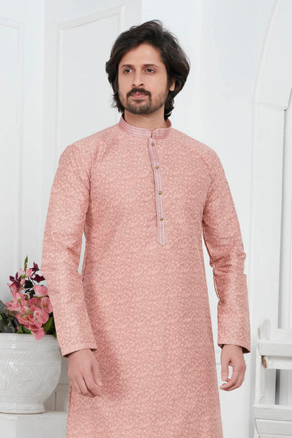 Jacquard Silk Brocade Pintux Work Kurta Pajama In Peach Colour KP1230545 2
