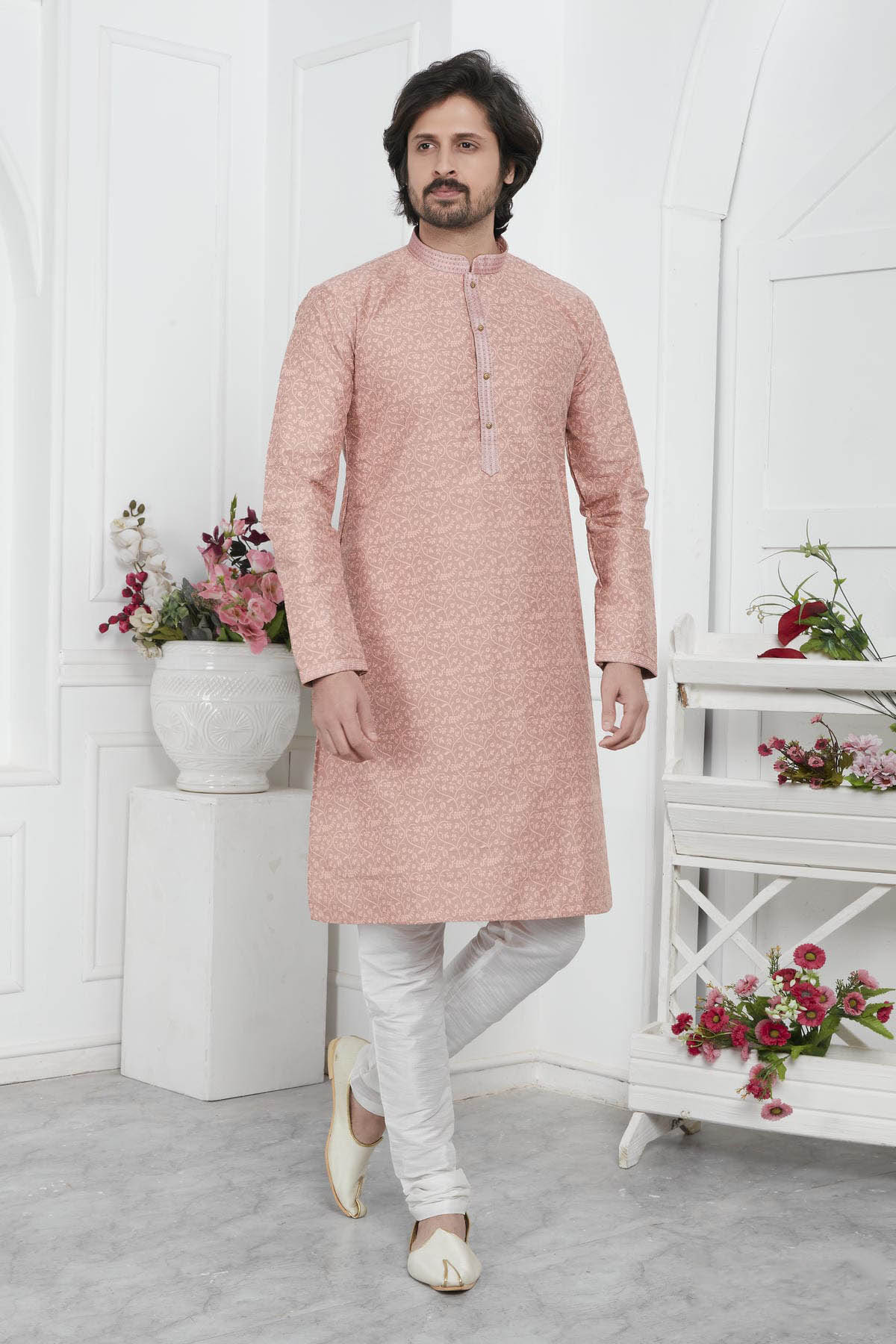 Jacquard Silk Brocade Pintux Work Kurta Pajama In Peach Colour KP1230545