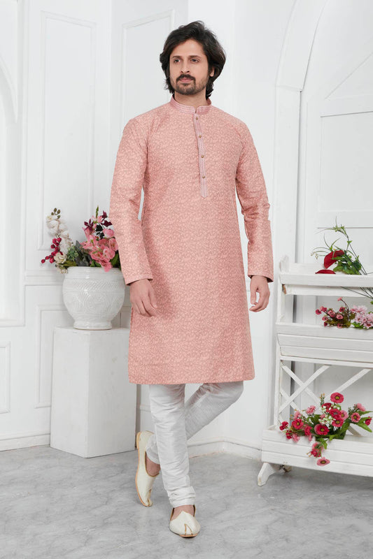 Jacquard Silk Brocade Pintux Work Kurta Pajama In Peach Colour KP1230545