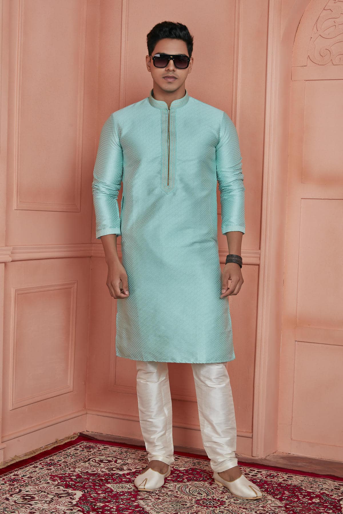 Jacquard Silk Brocade Pintux Work Kurta Pajama In Sea Green Colour KP1230539 1