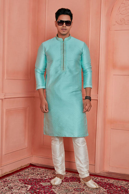 Jacquard Silk Brocade Pintux Work Kurta Pajama In Sea Green Colour KP1230539 1