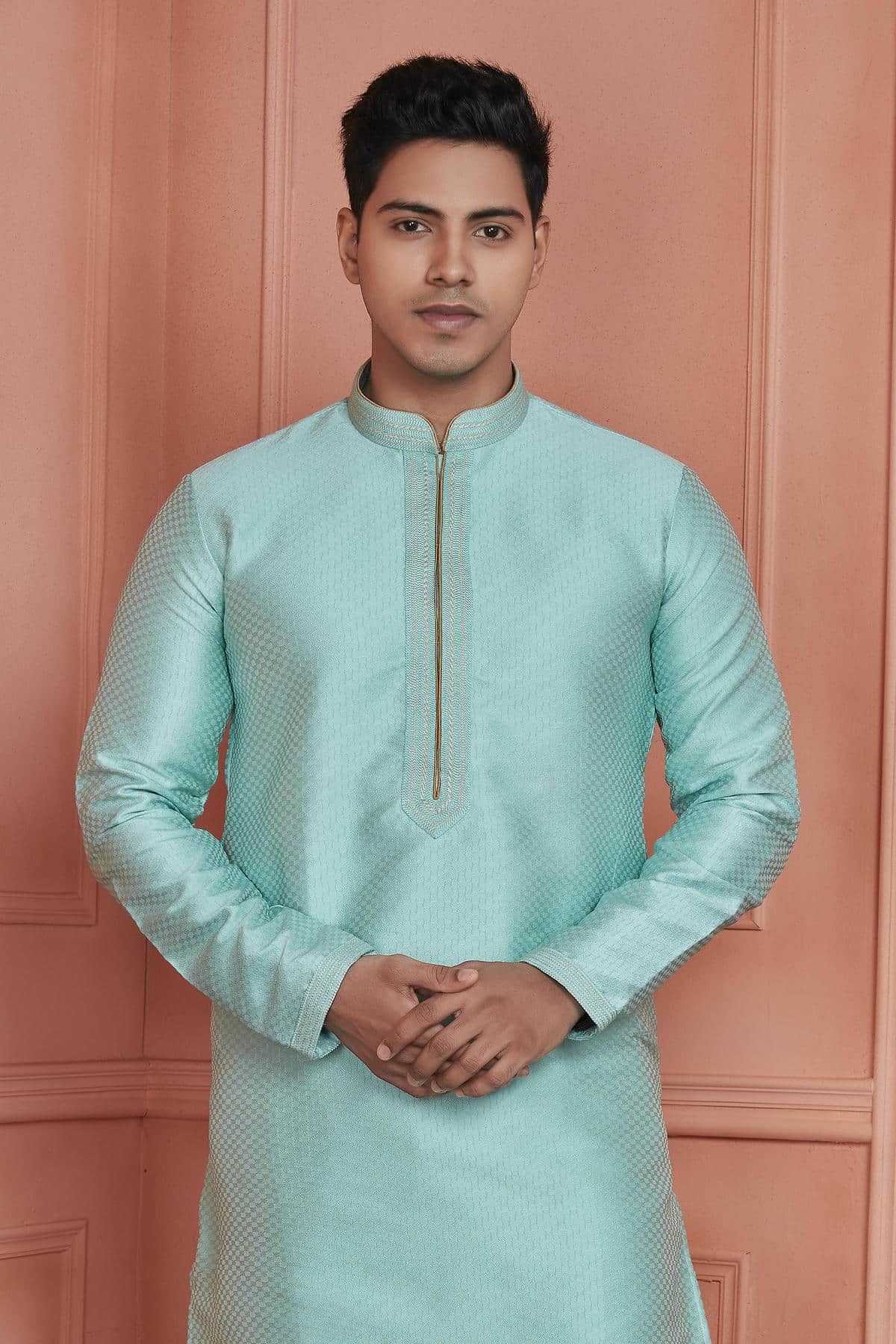 Jacquard Silk Brocade Pintux Work Kurta Pajama In Sea Green Colour KP1230539 2