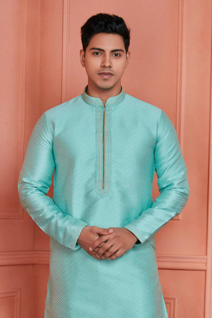 Jacquard Silk Brocade Pintux Work Kurta Pajama In Sea Green Colour KP1230539 2