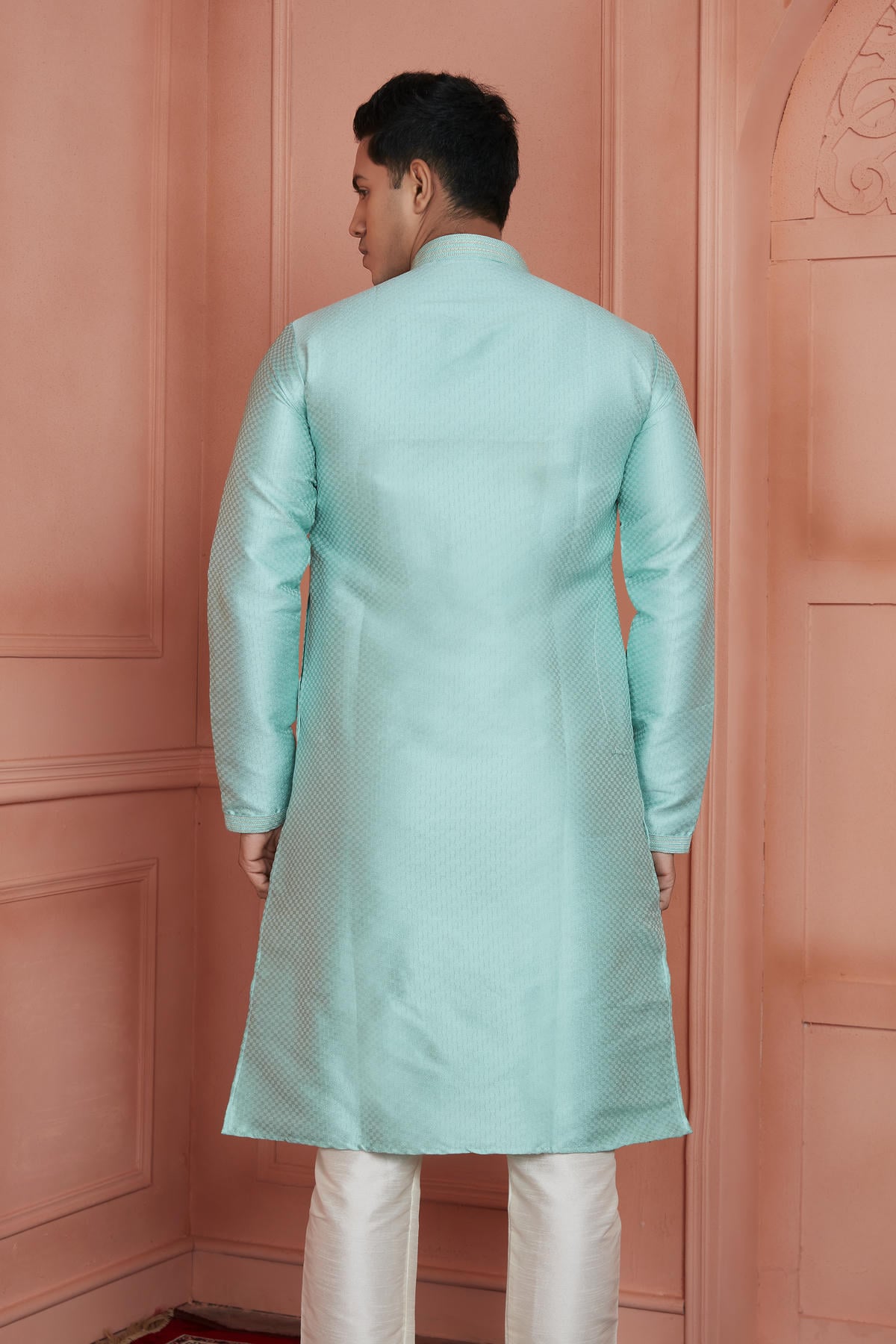 Jacquard Silk Brocade Pintux Work Kurta Pajama In Sea Green Colour KP1230539 3