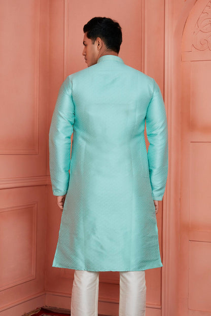 Jacquard Silk Brocade Pintux Work Kurta Pajama In Sea Green Colour KP1230539 3