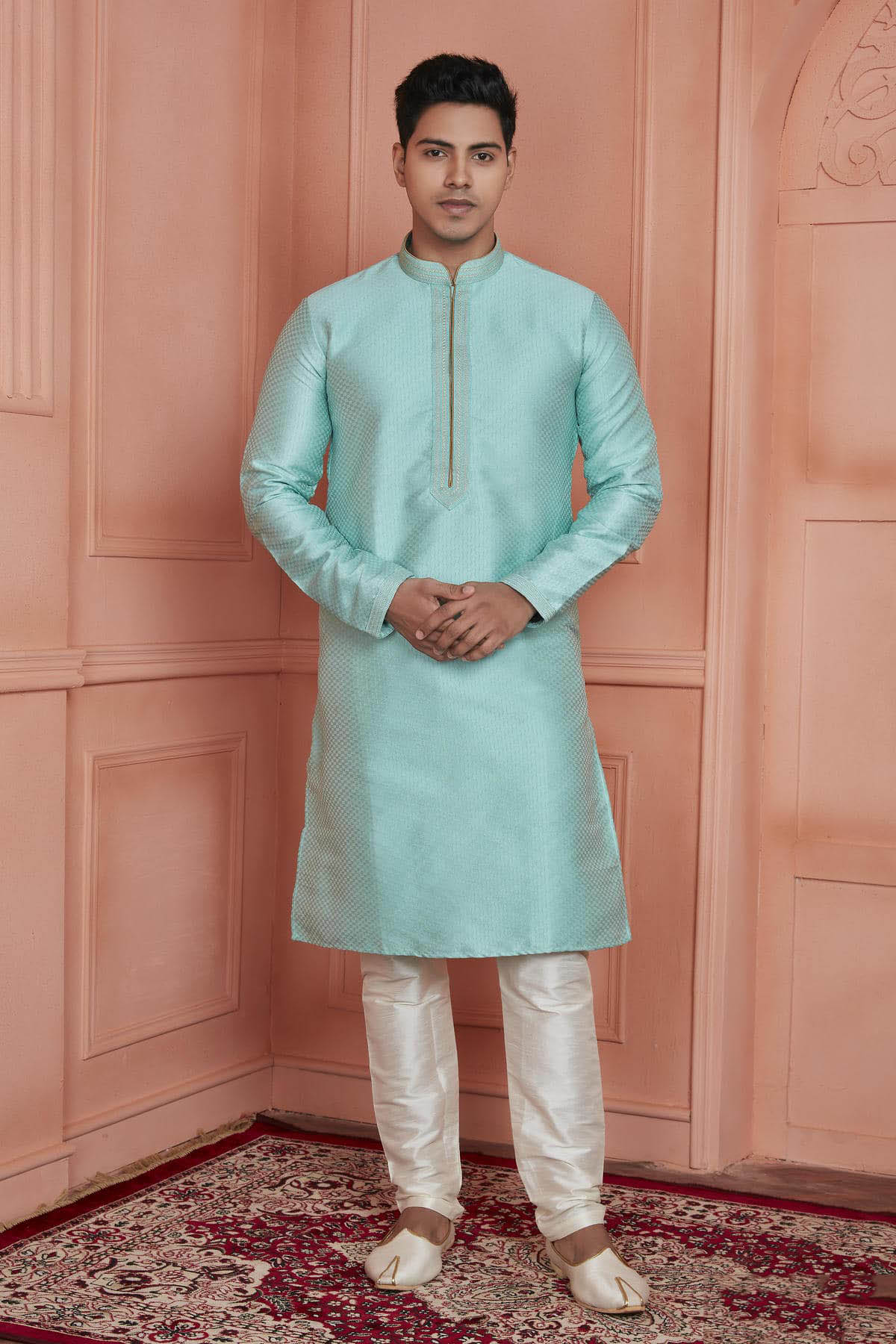Jacquard Silk Brocade Pintux Work Kurta Pajama In Sea Green Colour KP1230539