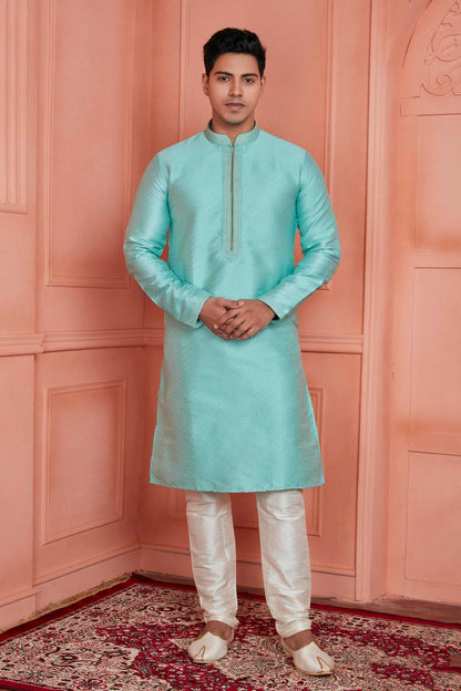 Jacquard Silk Brocade Pintux Work Kurta Pajama In Sea Green Colour KP1230539