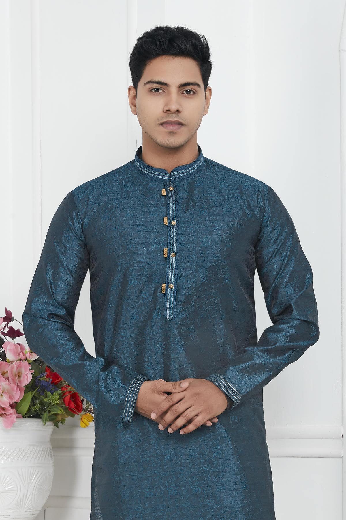 Jacquard Silk Brocade Pintux Work Kurta Pajama In Teal Colour KP1230547 2