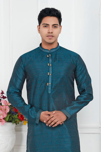 Jacquard Silk Brocade Pintux Work Kurta Pajama In Teal Colour KP1230547 2