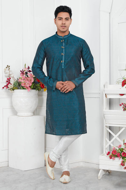 Jacquard Silk Brocade Pintux Work Kurta Pajama In Teal Colour KP1230547