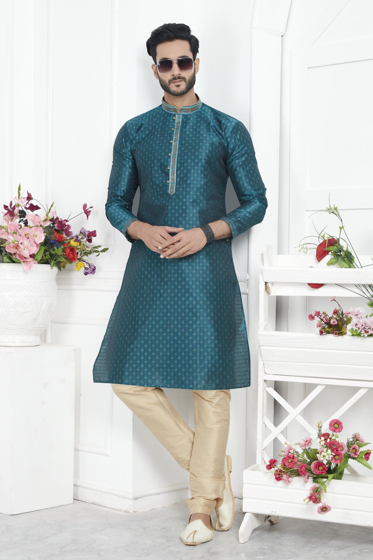 Jacquard Silk Brocade Pintux Work Kurta Pajama In Teal Green Colour KP1230549 1