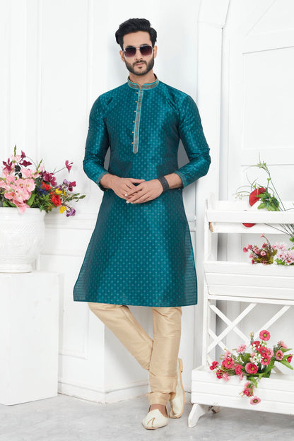 Jacquard Silk Brocade Pintux Work Kurta Pajama In Teal Green Colour KP1230549 1