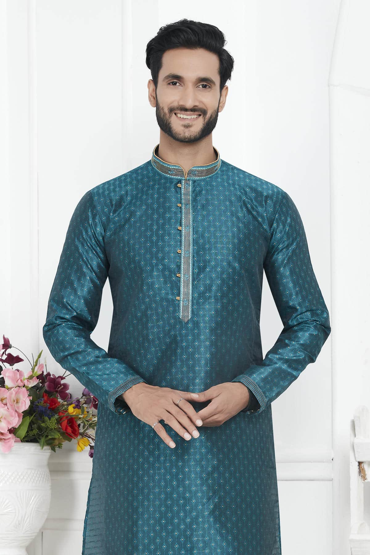 Jacquard Silk Brocade Pintux Work Kurta Pajama In Teal Green Colour KP1230549 2