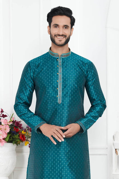 Jacquard Silk Brocade Pintux Work Kurta Pajama In Teal Green Colour KP1230549 2