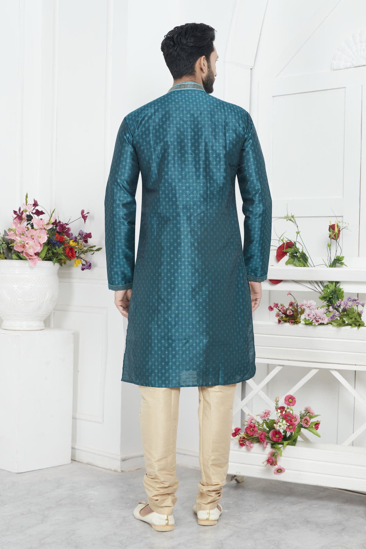 Jacquard Silk Brocade Pintux Work Kurta Pajama In Teal Green Colour KP1230549 3