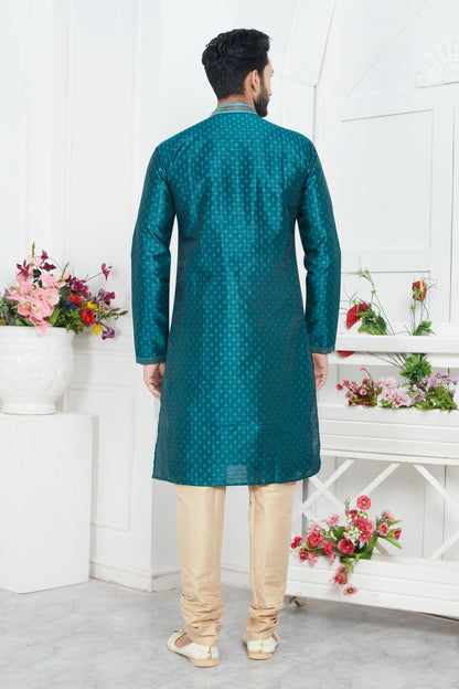 Jacquard Silk Brocade Pintux Work Kurta Pajama In Teal Green Colour KP1230549 3
