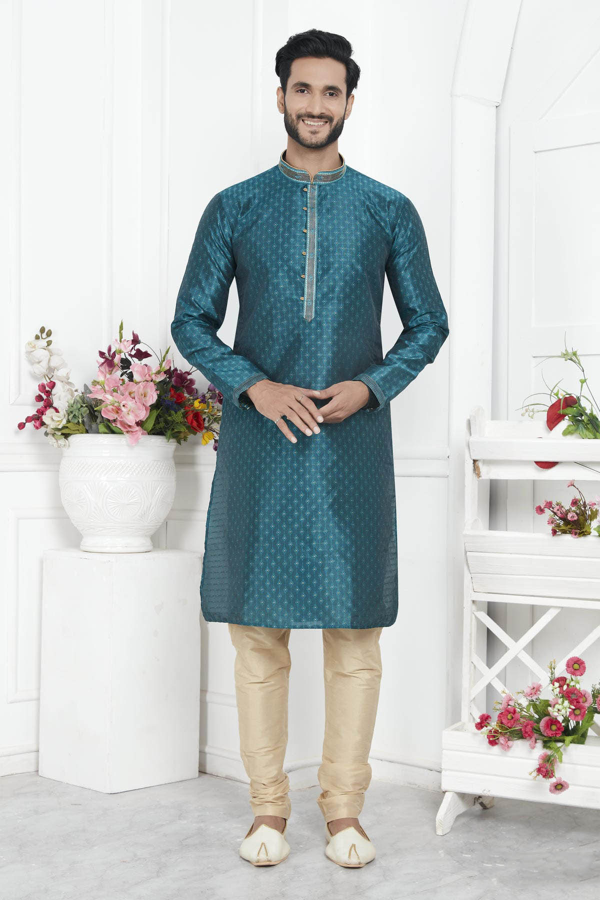 Jacquard Silk Brocade Pintux Work Kurta Pajama In Teal Green Colour KP1230549