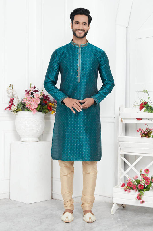 Jacquard Silk Brocade Pintux Work Kurta Pajama In Teal Green Colour KP1230549
