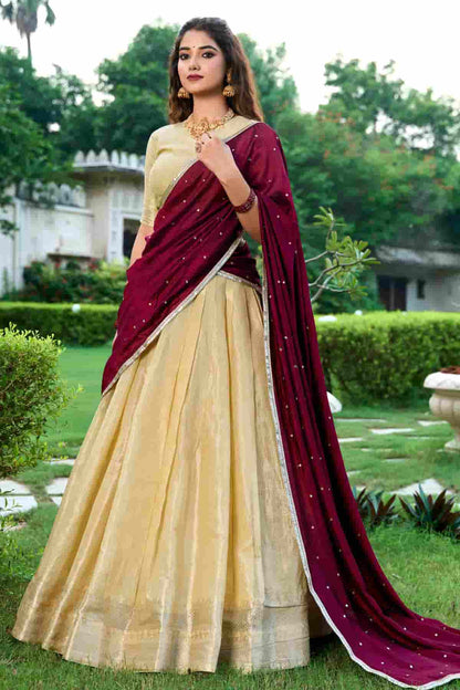 Kanchipuram Zari Woven Work Lehenga Choli In Cream Colour